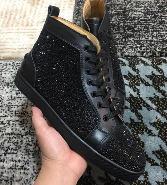 

mens designer shoes designer sneakers rhinestones high flats shoes red bottom for men and women leather sneakers party designer shoes, Black