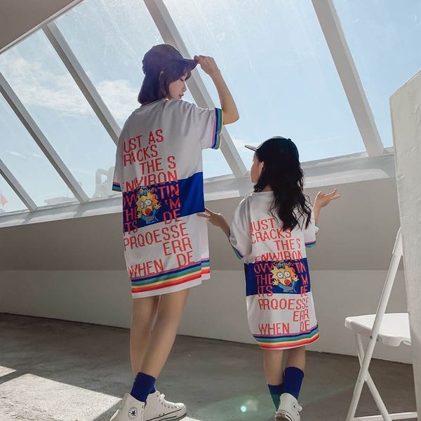 

parent-child t-shirt short-sleeved rainbow mother and women foreign style 2020 summer new loose cartoon mid-length dress, Blue