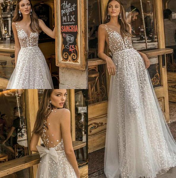 

muse by berta wedding dresses sheer neck lace appliqued bridal gown a line beach boho simple see through wedding dress with bow 3922, White