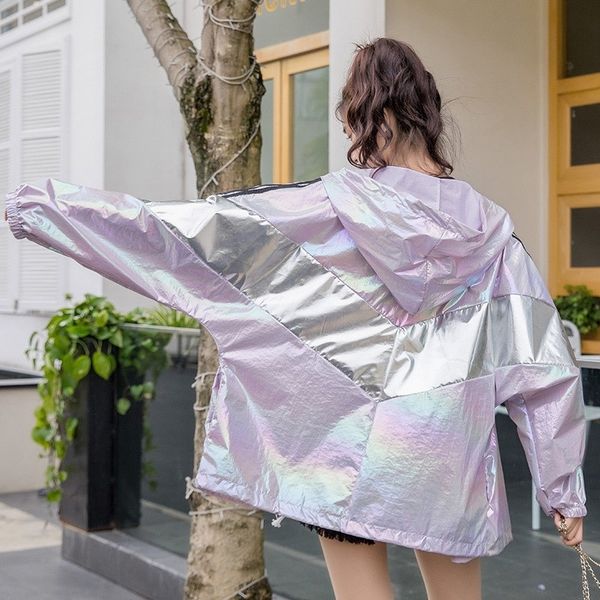 

loose shiny jacket women casual neon jacket hooded windbreaker silver thin coat outerwear t190908, Black;brown