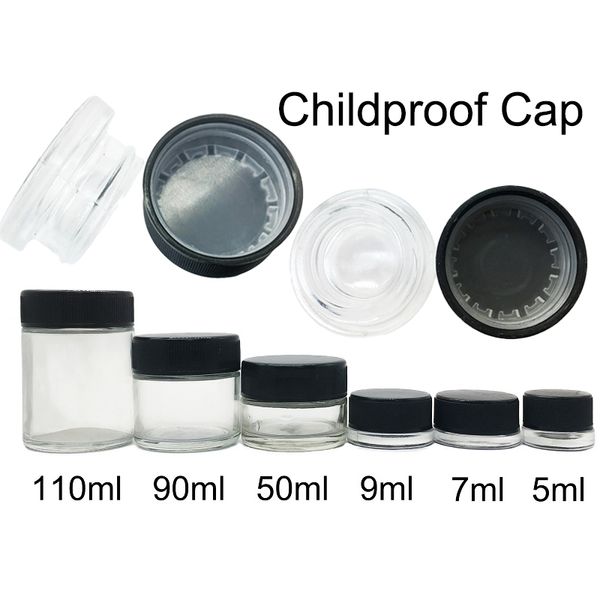 

Glass Jar 5ml 7ml 9ml Child Resistant Wax Oil Jars Airtight Black Lid Glass Concentrate Container Dry Herb Flower Smell Proof Glass Bottle