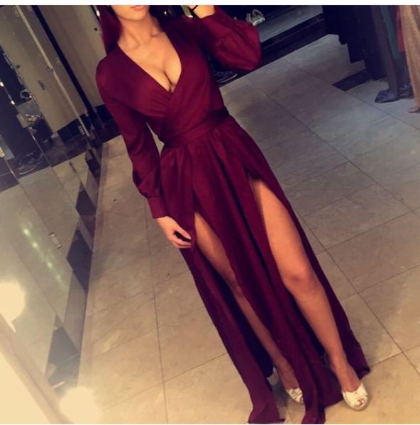 

женщины атласная v-образным вырезом с длинным рукавом sexy side slit вечерние платья глубокий v-образным вырезом халат де вечер длина пола п, Black;red