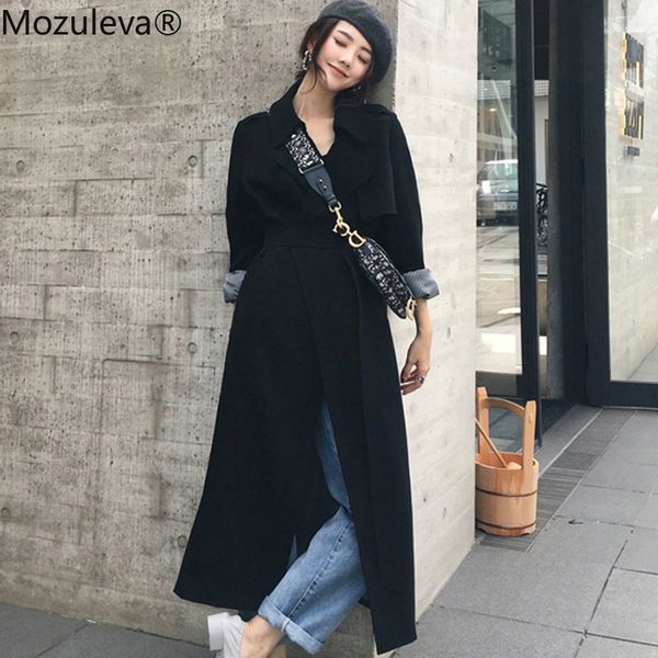 

mozuleva classic solid lady trench coat turn-down collar long loose female belted windbreaker outerwear women 2019 autumn winter, Tan;black