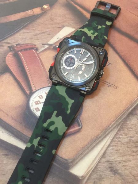 

46mm outdoor bellross aviation skeleton dial mens watches square black steel case quartz satch man watch with camouflage rubber strap, Slivery;brown