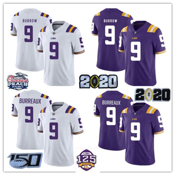 2020 LSU Tigres Jersey 9 Joe Burrow Burreaux NCAA 2019 Campeões Burreaux Futebol Futebol Jersey Roxo Roxo 2020 Patch