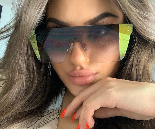 

one piece designer glasses female driving eyewear fashion sunglass frameless personality yellow ash brown lens, White;black