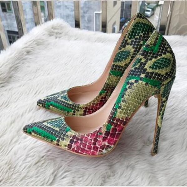 

real p women fashion pumps green snake print point toe high heels thin heel boots genuine leather lady pumps, Black