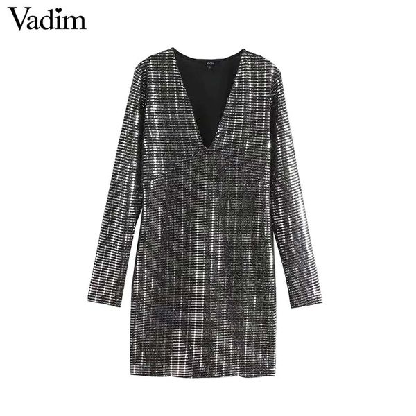 

вадим женщины стильный блестками shinny mini dress v образным вырезом с длинным рукавом эластичный женский silm fit party design dresses ves, Black;gray
