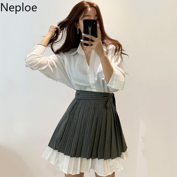 

neploe korean women two piece outfits medium-long pleated blouse dress + high wiast bandage striped skirt sets 2020 new 4a476, White