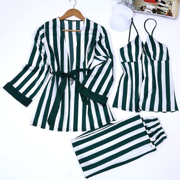 

2019 spring new design four pieces satin pajamas sets bathrobe + bras + pants luxury female nighties striped sets, Black;red