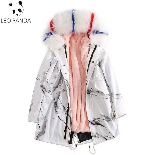 

2019 winter mid long fur liner raccoon fur collar female jacket women faux coat print hooded thicken warm parka coats, Black