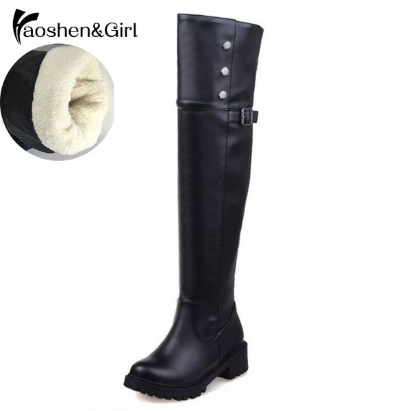 

haoshen&girl size15 30-52 women flat over knee boots winter snow long boot riding rivet buckle soft leather shoes women boots, Black