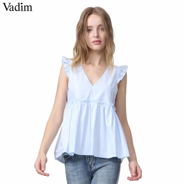 

vadim women elegant ruffled blouses v neck back bow tie sleeveless pleated shirt ladies casual sweet chic blusas wa014, White
