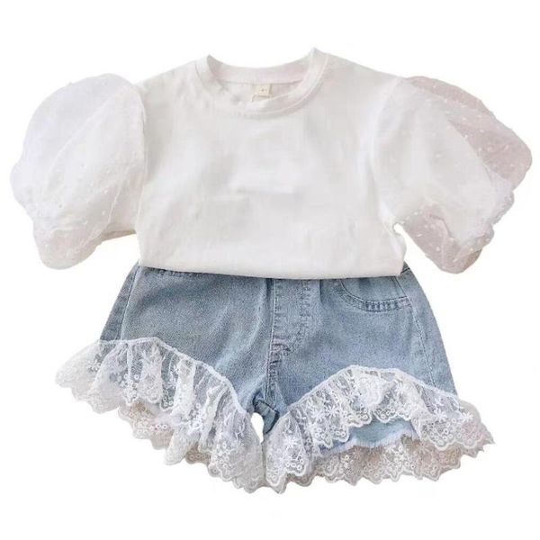 

children clothing summer girls clothes set lace puff sleeve t-shirt+denim shorts fashion tracksuit suit kids toddler baby sets, White