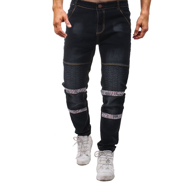 

men personality printed streetwear slim biker jeans mens fashion stitching hip-hop pleated motorcycle skinny jeans, Blue