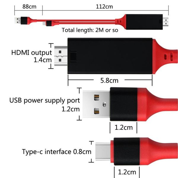 Samsung S10 60pcs için HDTV video USB Şarj Kablosu 3.1 C Tipi HDMI 2m Kablo Adaptörü Dönüştürücü Ultra HD 1080P 4k