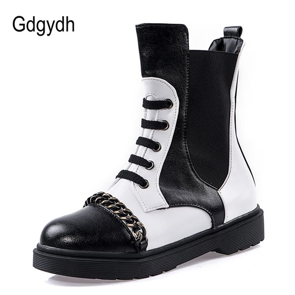 

gdgydh 2020 new spring punk gothic shoes woman chain flat heel motorcycle boots women black and white ankle boots with zip