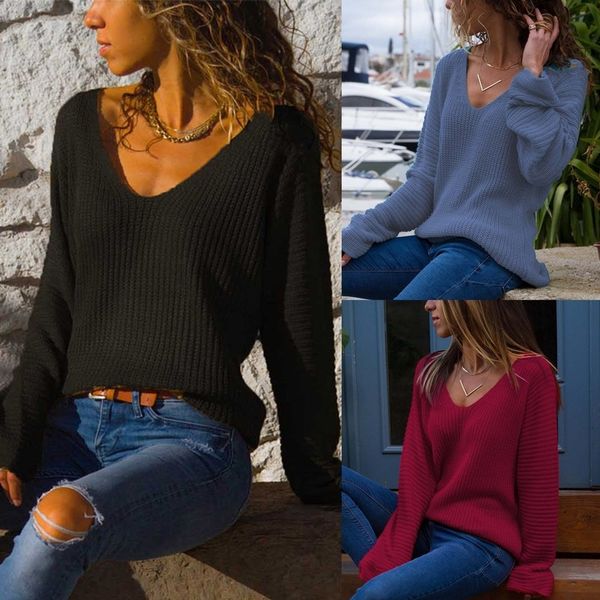 

women's long sleeve v neck blouse ladies fashion loose shirts pullover knitted sweaters jumper sweater clothes, White;black