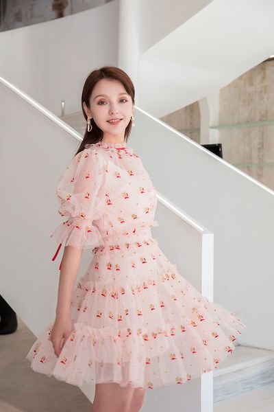 

engagement dress thin short pink fairy skirt sweet two-piece birthday party dress bronzing gauze tight waist round neck puff sleeve, White;black