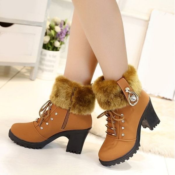 

mcckle ankle boots women warm plush snow booties winter boot lace up crystal design woman fashion shoes high square heels botas, Black