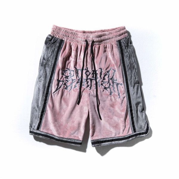 

men velvet embroidery shorts male summer streetwear hip hop rock sports casual loose shorts, Black