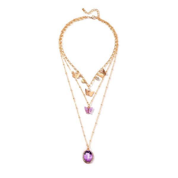 

3pcs/set fashion multilayer butterfly necklace vintage charm purple crystal zircon pendant necklace for women wedding party gift, Silver
