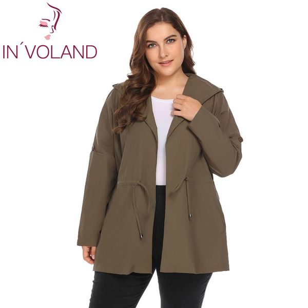 

in'voland women raincoat jacket large size l-4xl wrap hooded long sleeve slim waist large waterproof lightweight coat big size, Tan;black