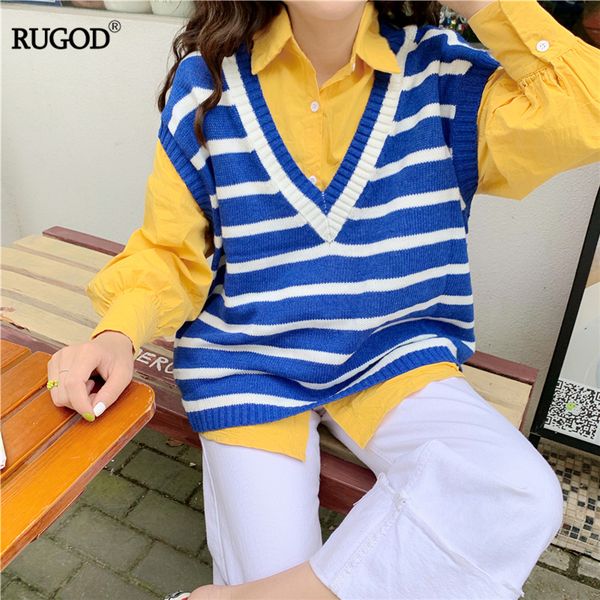 

rugod casual v neck striped knitted sweater vest women fashion sweet preppy style loose sleeveless pullover 2019 autumn, Black;white