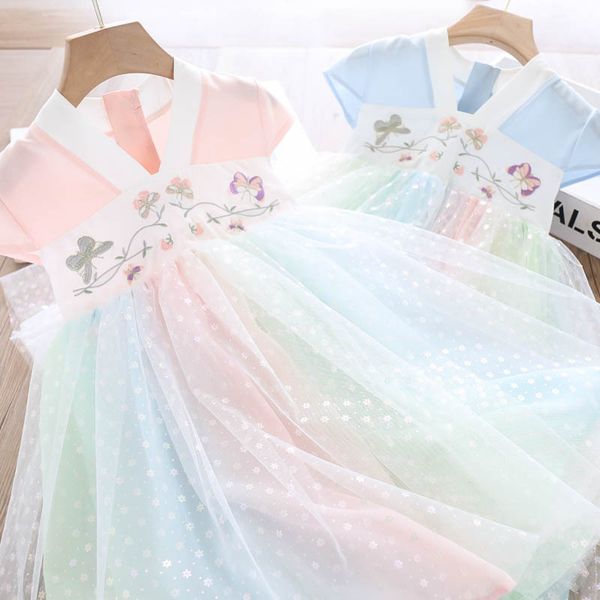 

2020 summer girls embroidered butterfly polka dot dress wholesale, Red;yellow