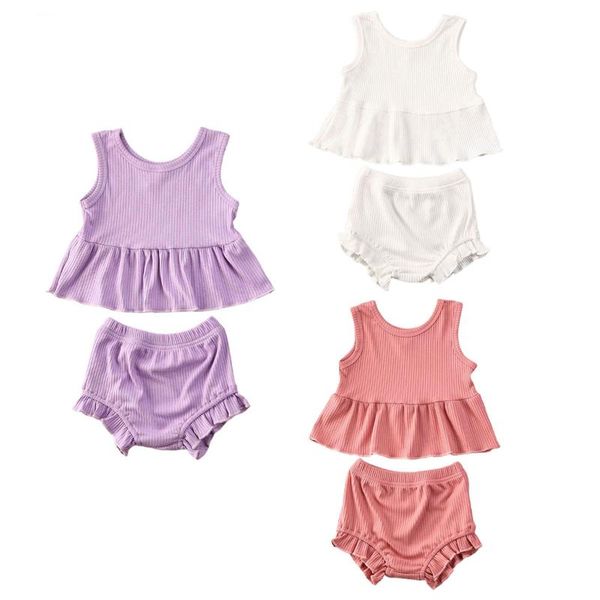

2pcs summer new ribbed baby girls clothes breathable flouncing outfits suit toddlers casual solid sleeveless shorts set, White