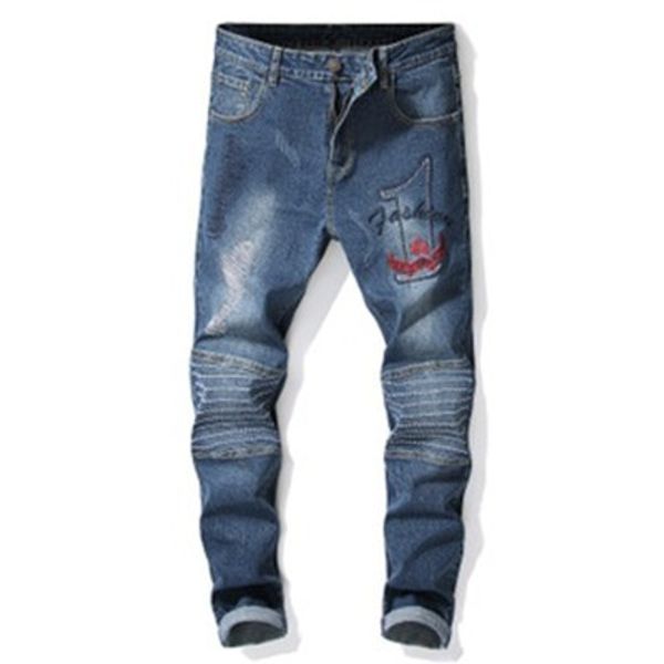 

мужские рваные джинсы дизайнер бренда черные узкие джинсы рваные уничтожено стрейч тонкая пригонка хоп-хоп штаны, Blue