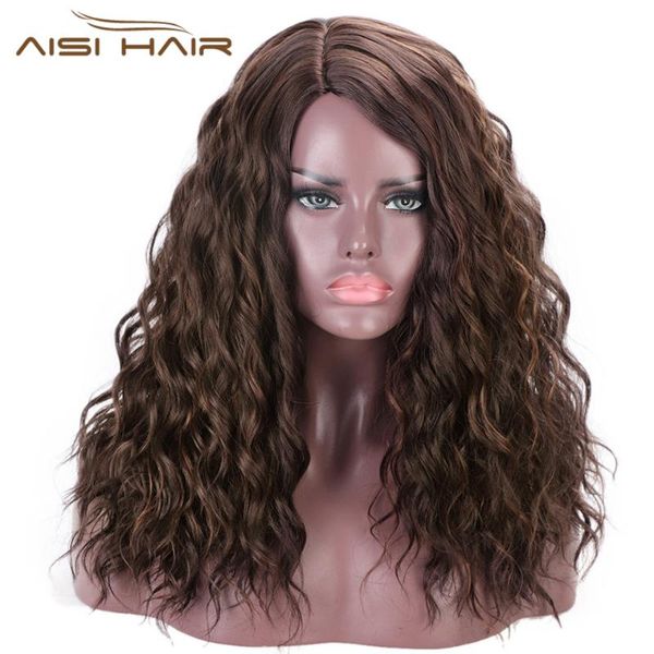 

aisi hair long kinky curly wig synthetic brown mix blond wigs for black women side part wig natural hair heat resiatant fiber