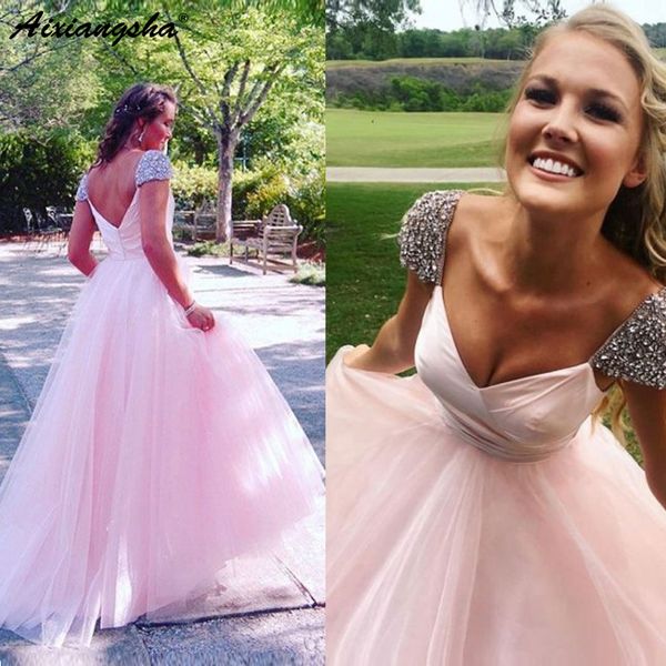 

Pink 2018 Prom Dresses V-Neck Cap Sleeve Beaded Tulle Open Back Long Evening Gown Princess Prom Dress vestidos de fiesta