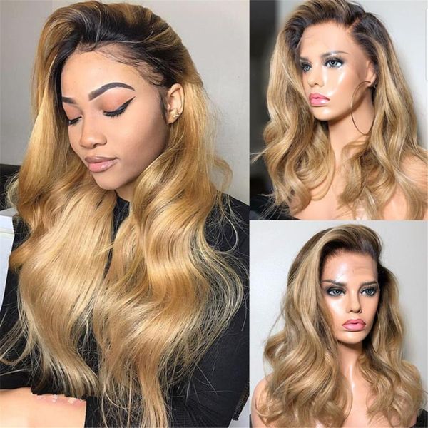 

13x6 deep part wig ombre honey blonde human hair wigs glueless pre plucked with baby hair natural wave brazilian remy, Black;brown