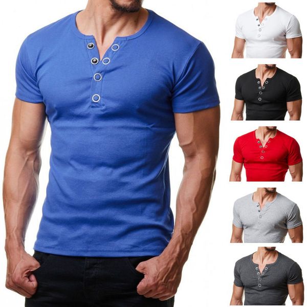 

metal buttons designer mens tshirts short sleeve v neck mens casual solid color males breathable tshirts, White;black