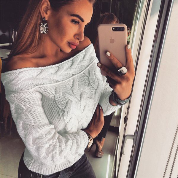 

fashion casual solid women ladies slash neck off shoulder sweatshirt long sleeve sweater jumper pullover, White;black