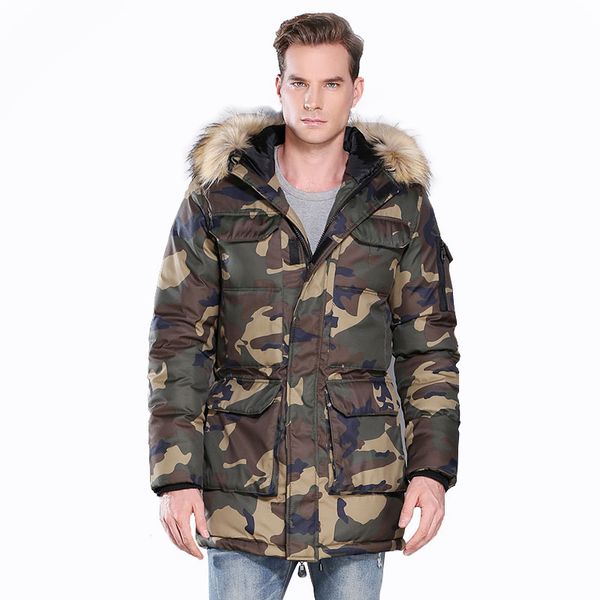 

winter velcro closure full zip multi pockets camouflage print threaded cuff long sleeves faux fur hooded men long poly cotton padded jacket, Black;brown