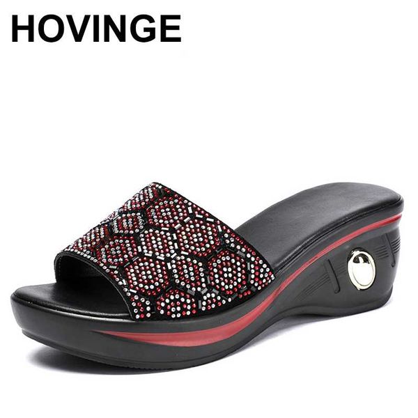 

hovingeslippers woman rhinestone real leather summer shoes fashion wedges heels sandals women slides big size 35 - 41, Black