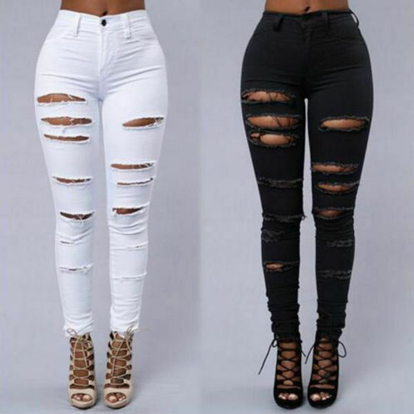 

women high waist denim pants fashion hole distressed ripped skinny leg jeans long trouser, Blue