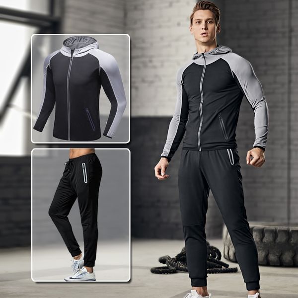 

plus size 2pcs/set mens tracksuit sport suit gym fitness wear men compression clothing running jogging sport wear exercise workout tights, Gray