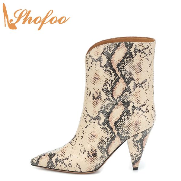 

snake prints woman pointed toe ankle boots high spike heels booties slip on large size 12 16 ladies fashion mature shoes shofoo, Black