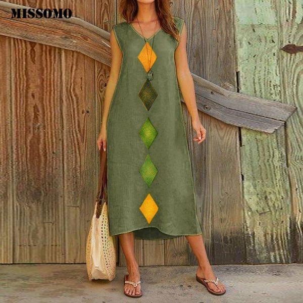 

missomo vintage women summer dress v neck cotton linen printed casual long maxi dress beach sleeveless robe femme vestidos 611, Black;gray
