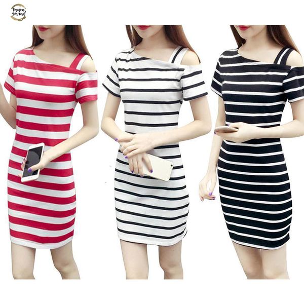 

boat new neck oblique shoulder cotton striped short sleeve casual dress slim summer dresses drop shipping designer clothes, Black;gray