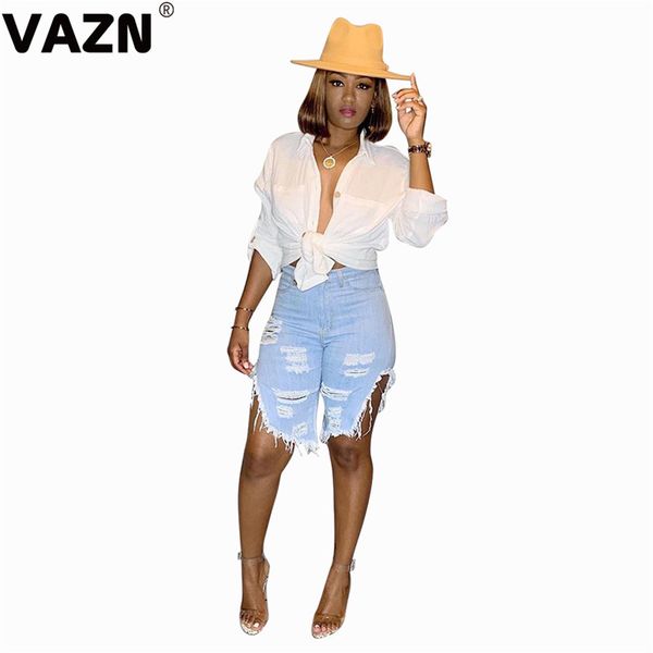 

vazn new product 2020 summer sey lady light blue solid jeans high waist button skinny hole asymmetrical denims popular jeans