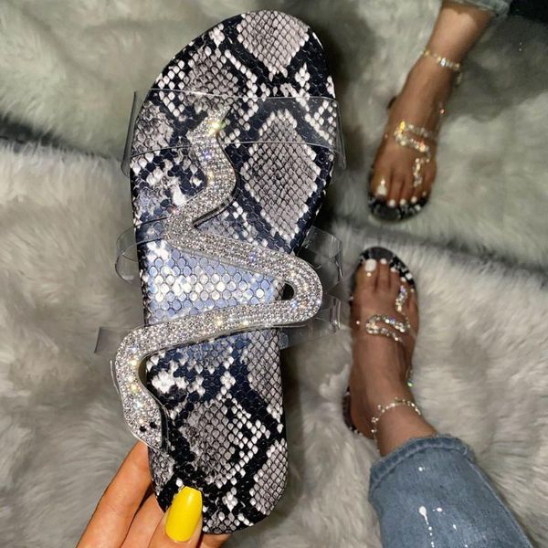 

summer women's slippers open toe flat heel slip on shoes rhinestone serpentine beach shoes ladies leopard slippers @a15, Black