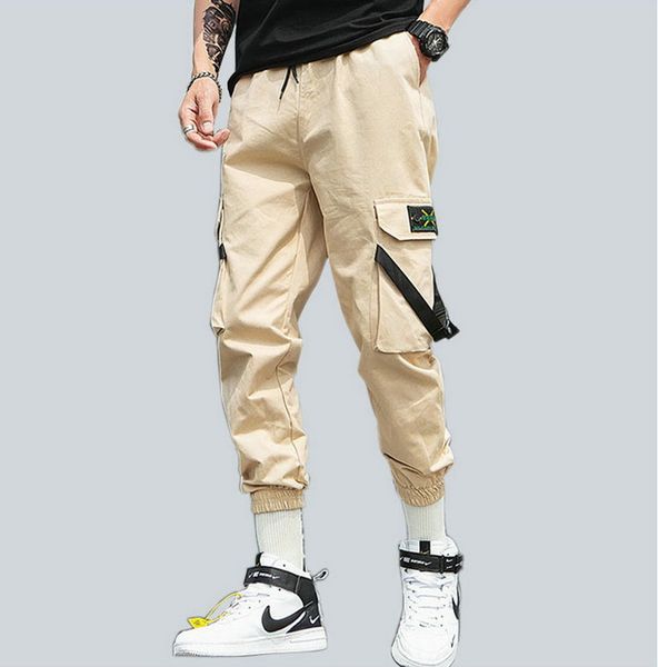 

men camo cargo pants hip hop ribbons mens streetwear casual pockets joggers male fashion sweatpants homme trousers ocmf, Black