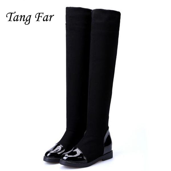 

2018 autumn winter women knee high boots plus size 40 classic flat boots for ladies stretch fabric botas height increasing, Black