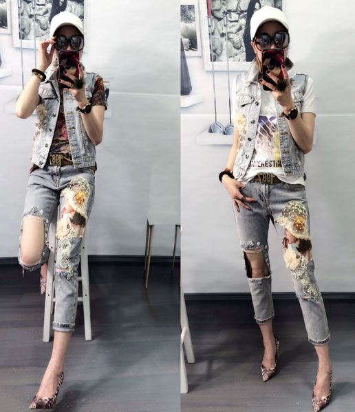 

navy blue the new sequins ripped jeans fashion women's wear shuhua202