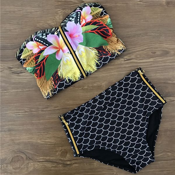 

designer bikini swimwear for women new fashion floral biquini zipper black high waist bikini swim swimwear women padded bra drop shipping, White;black