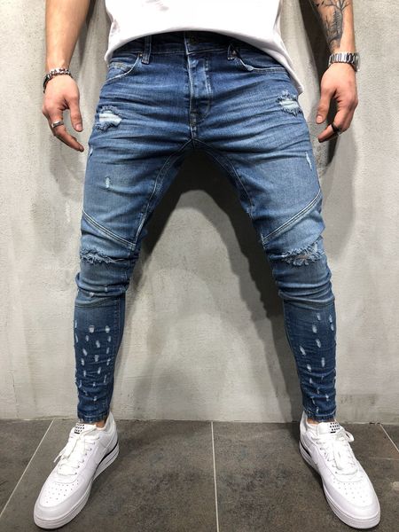 

men washed ripped jeans point print design fashion pencil skinny jeans for men casual denim pants, Blue